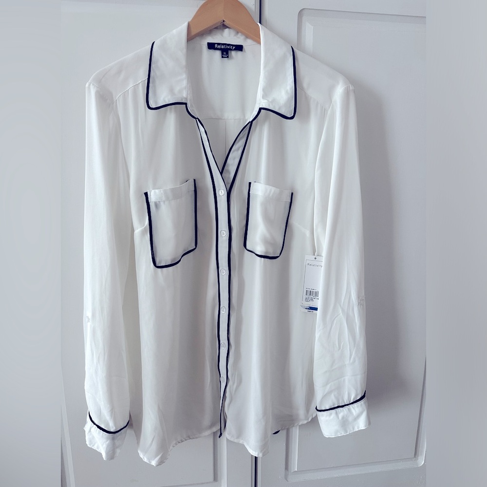 NWT Semi-Sheer White Button Down Shirt with Black Piping, XL
